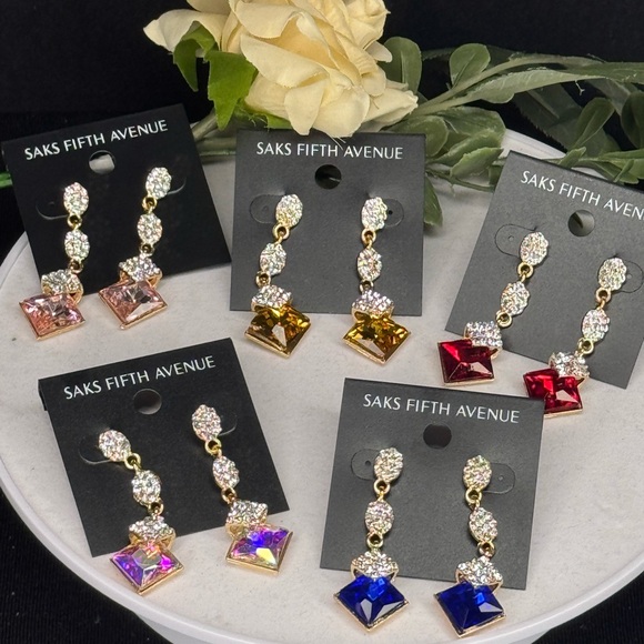 Saks Fifth Ave Pave Teardrop Crystal Post With Drop Blue Crystal Earrings - Picture 7 of 9